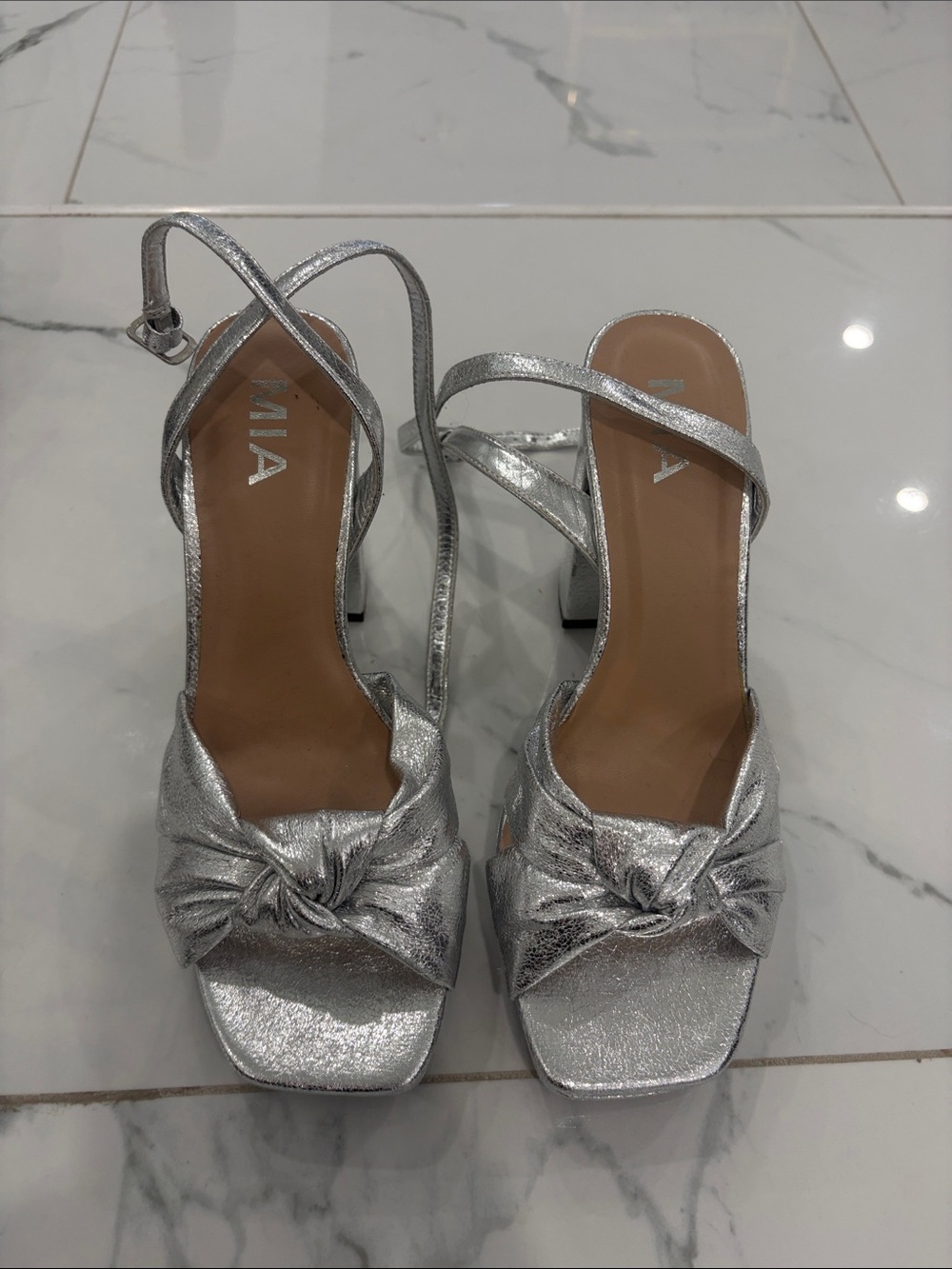 MIA Metallic Silver Knotted Strap Block Heels